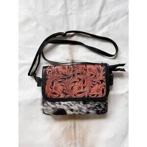 NEW WESTERN LINENS women's cowhide purse w/ leather tooled flap crossbody in bro